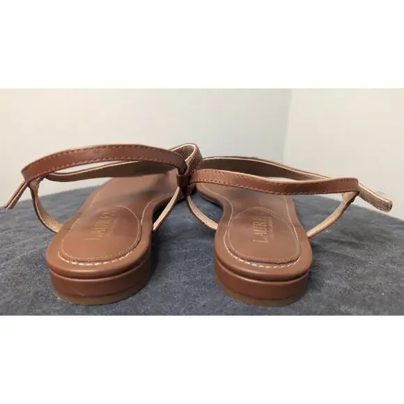 Lauren Ralph Lauren Ellington Sandals 7B Brown Leather RL Logo Thong T Strap - Picture 3 of 6